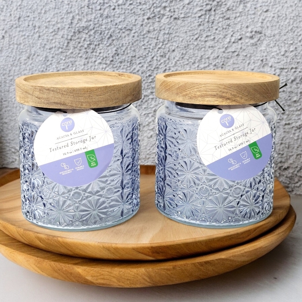 🆕️ Set of 2 Geo Crocus Textured Glass Storage Jars With Acacia Wood Lids